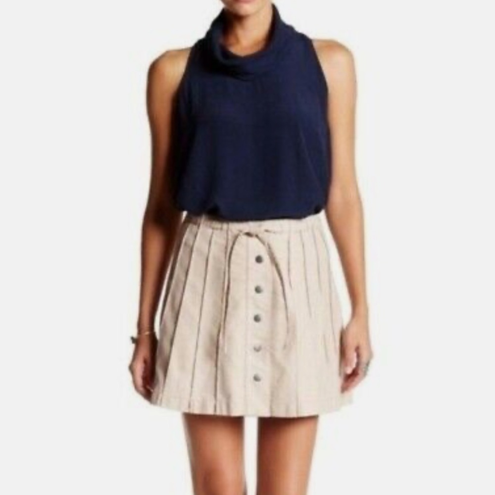 Free People Pleated Snap Front Belted Faux Leather A-Line Mini Skirt